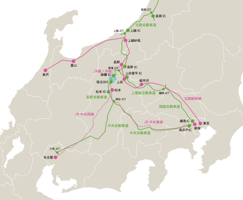 筑北村への交通マップ
